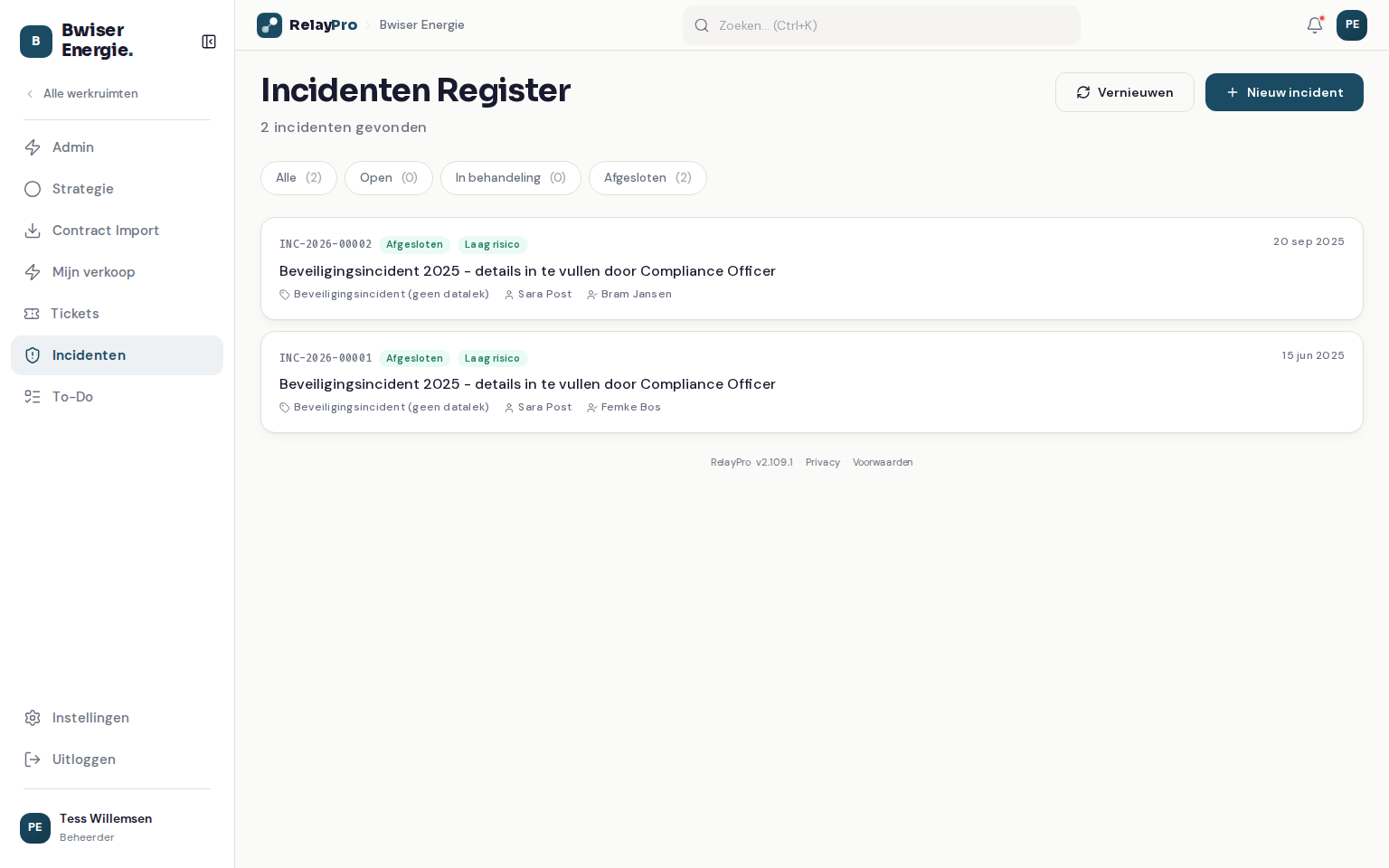 Het incidenten-register in RelayPro met statusfilters en het registratieformulier
