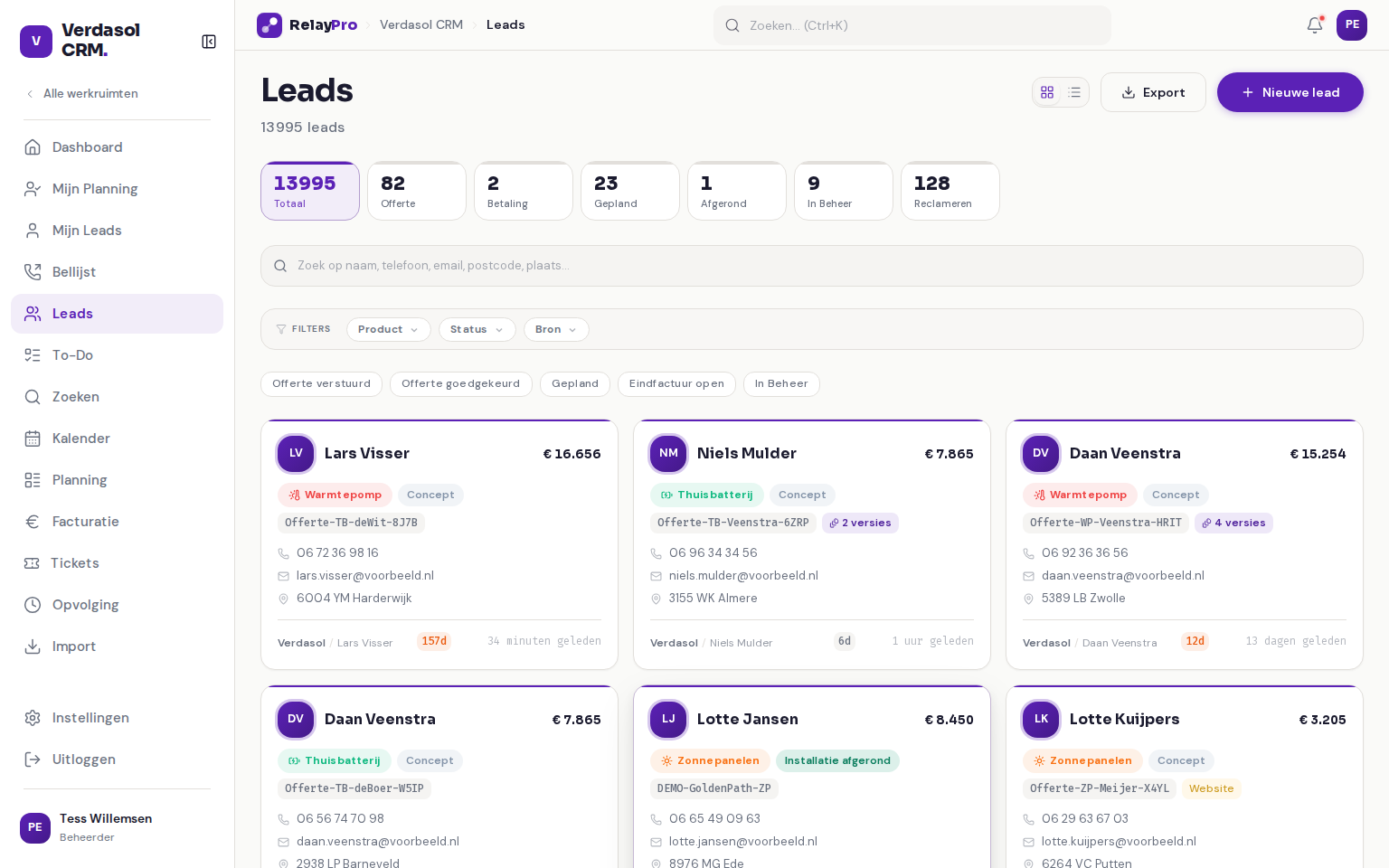 Het leads-overzicht in RelayPro met stat-kaarten, filters en de tabelweergave