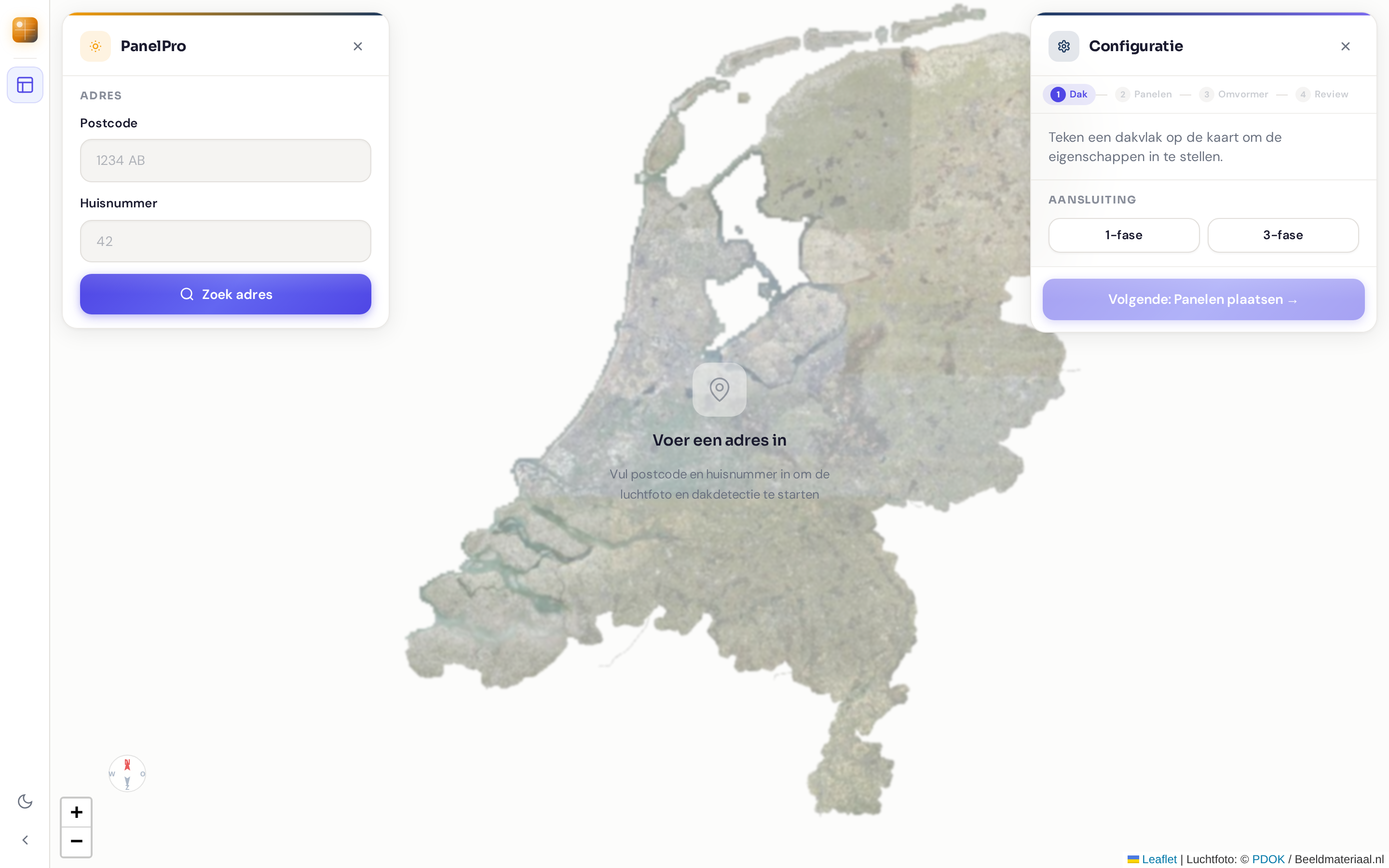 Het startscherm van PanelPro met de luchtfotokaart in het midden, het PanelPro-paneel links en de stappenbalk bovenaan